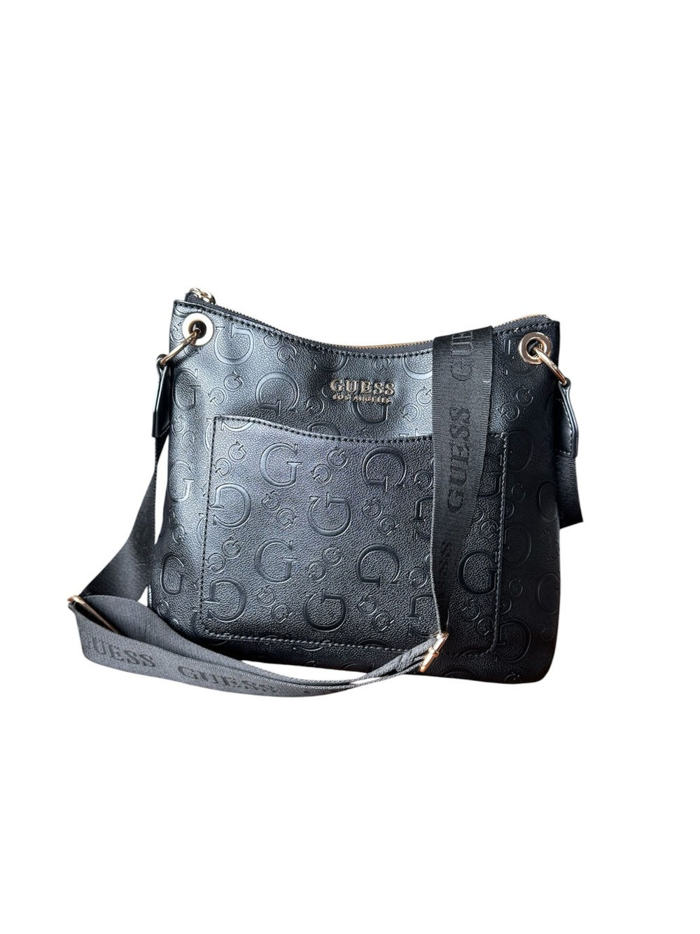 GUESS Black Embossed Logo Crossbody with Branded Strap